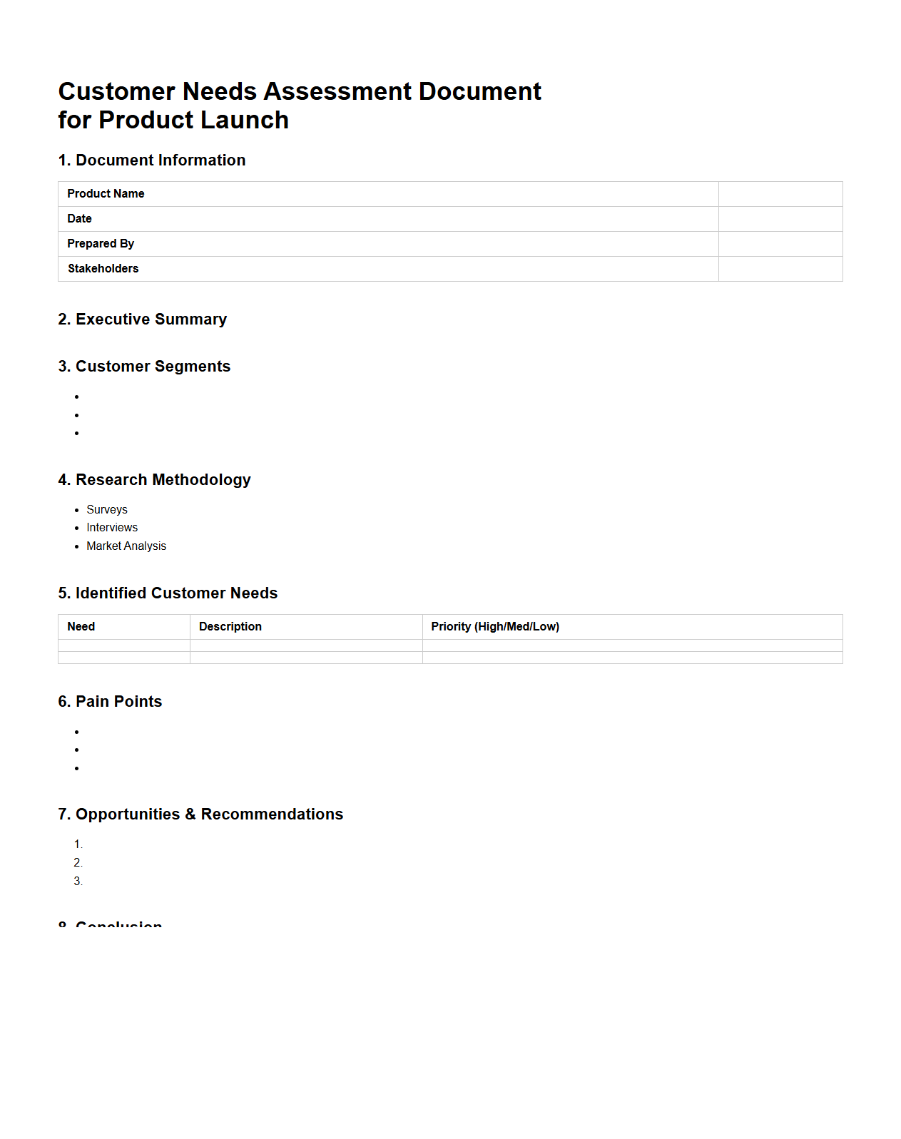 Customer Needs Assessment Document for Product Launch