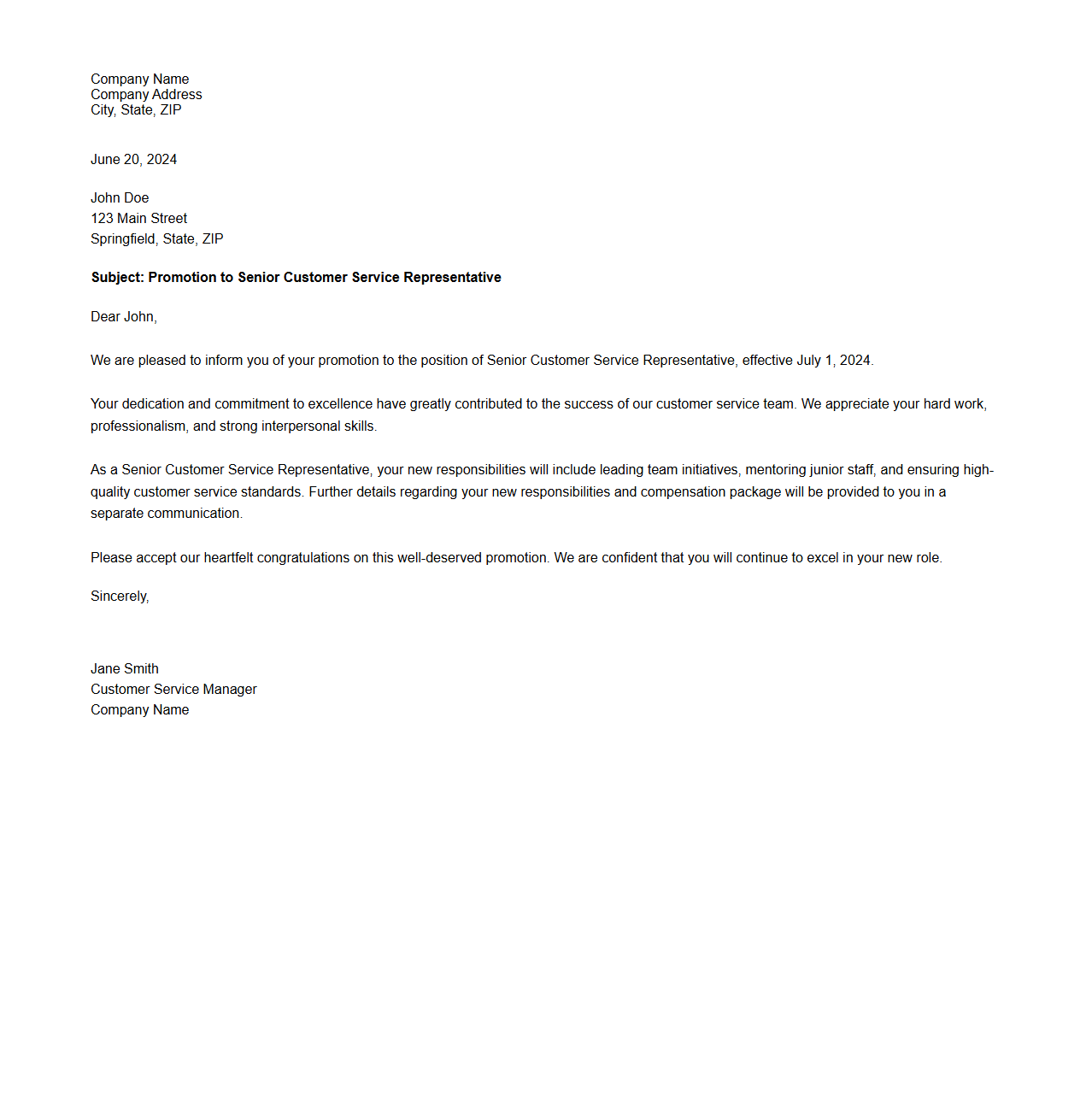 Customer Service Representative Promotion Letter Sample