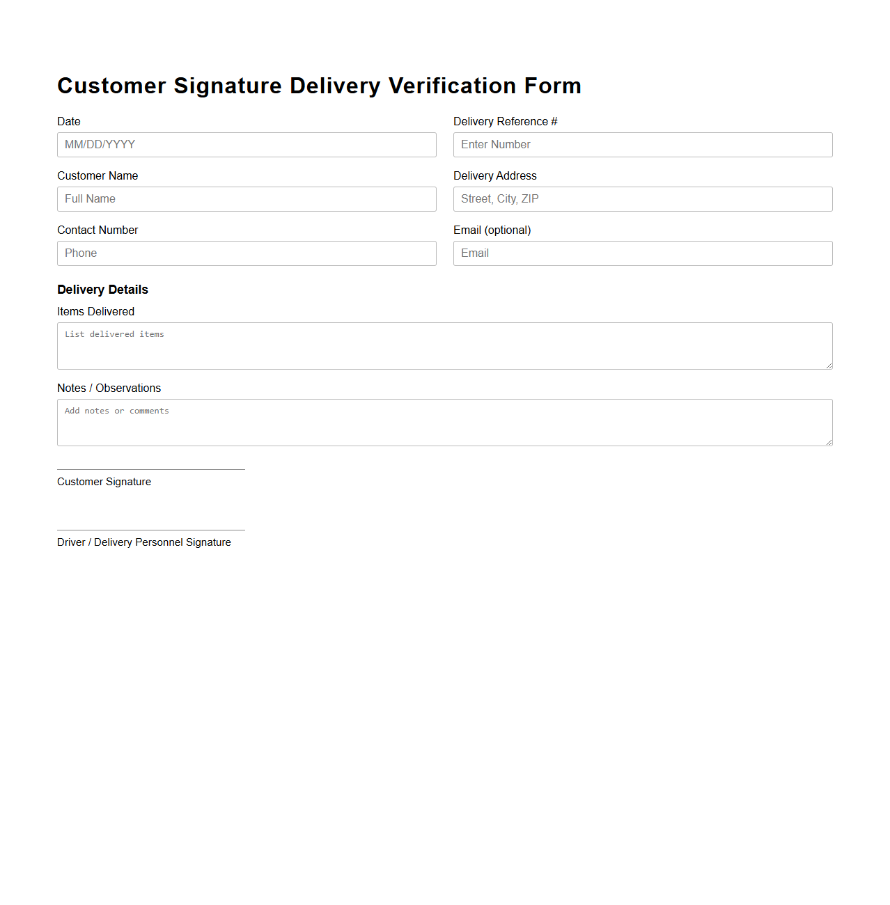 Customer Signature Delivery Verification Form