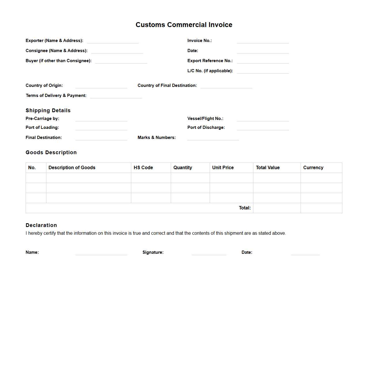 Customs Commercial Invoice Format for Export