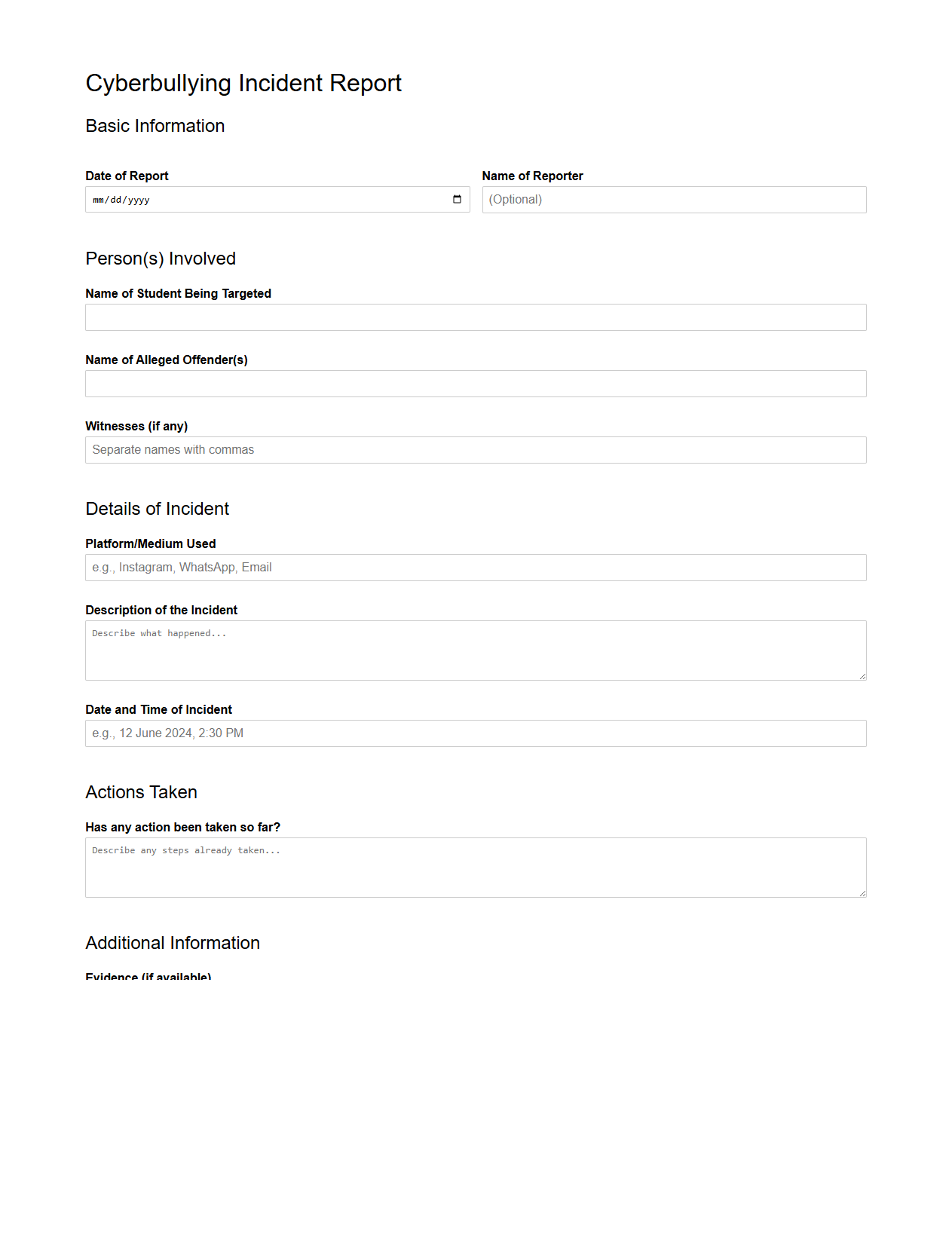Cyberbullying Incident Report Sample for School Use