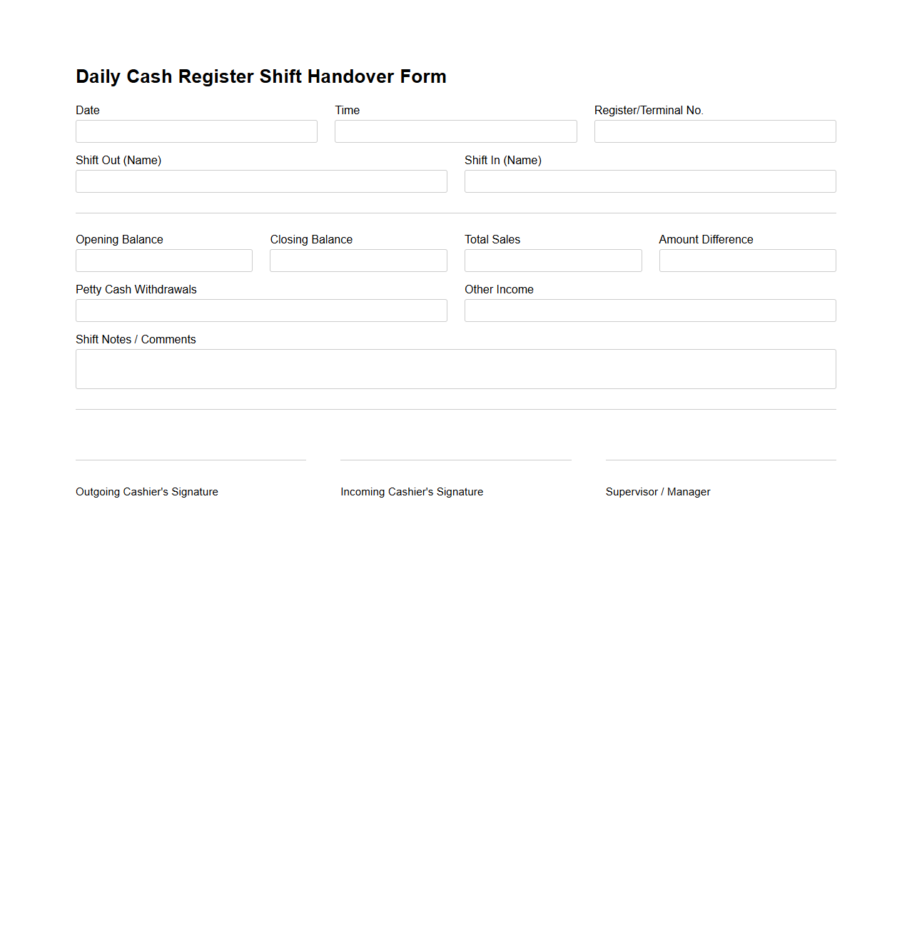 Daily Cash Register Shift Handover Form