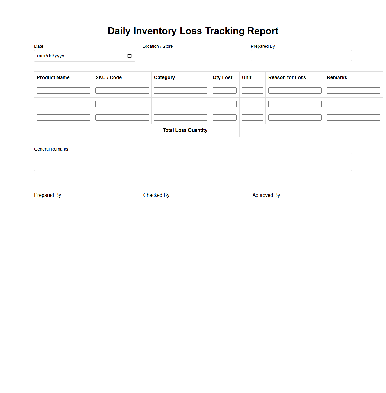 Daily Inventory Loss Tracking Report