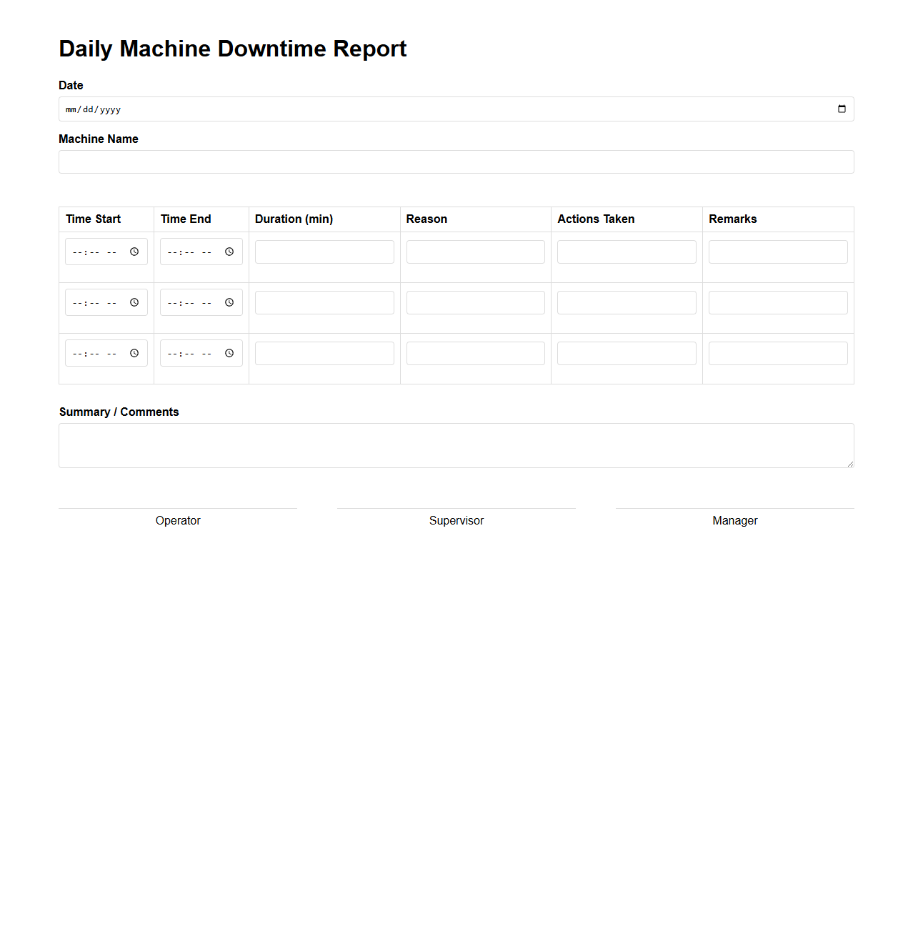 Daily Machine Downtime Report Template