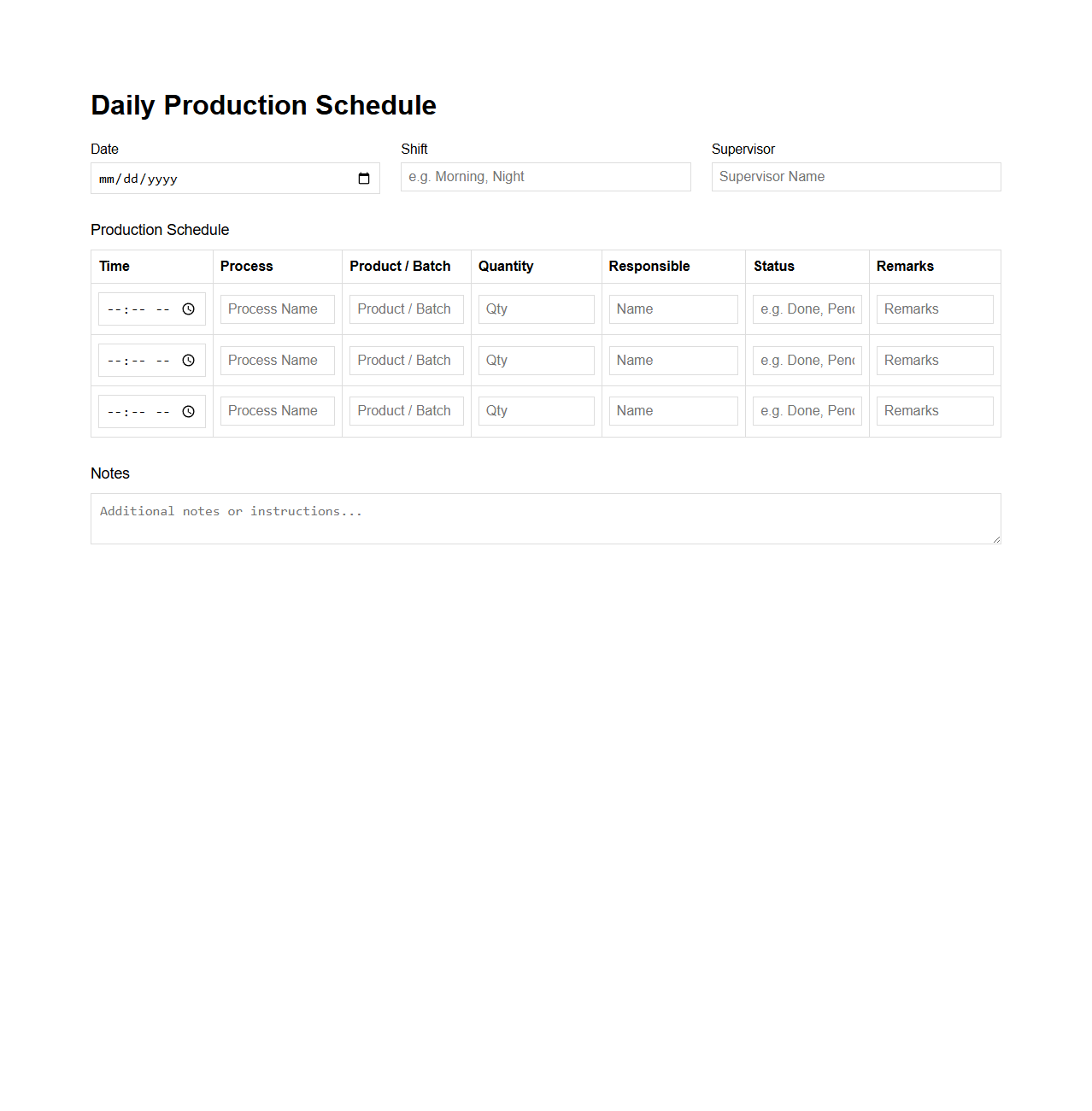 Daily Production Schedule Template