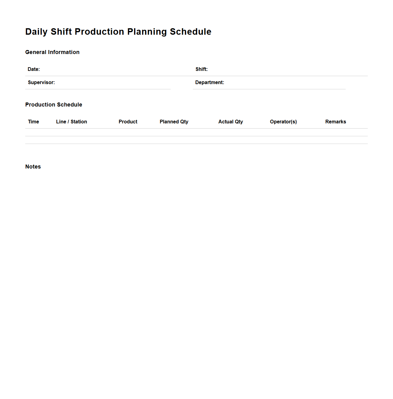 Daily Shift Production Planning Schedule Example