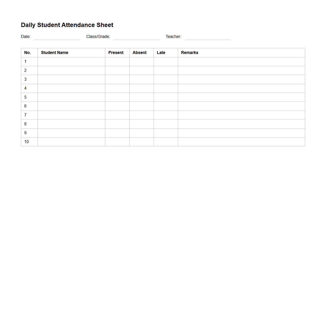 Daily Student Attendance Sheet Template