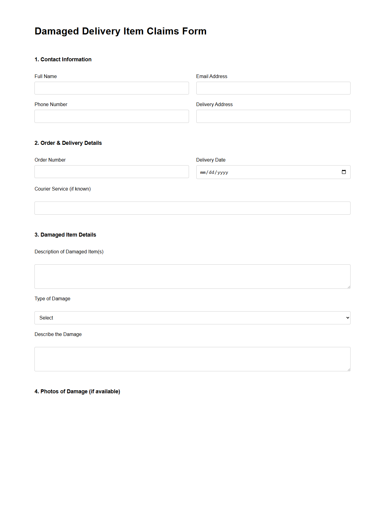 Damaged Delivery Item Claims Form Example