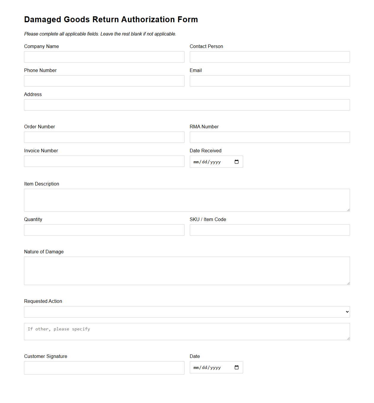 Damaged Goods Return Authorization Form