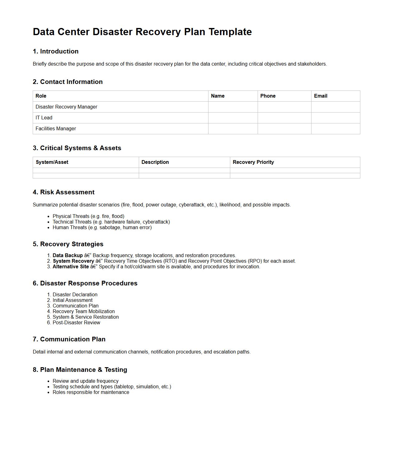 Data Center Disaster Recovery Plan Template
