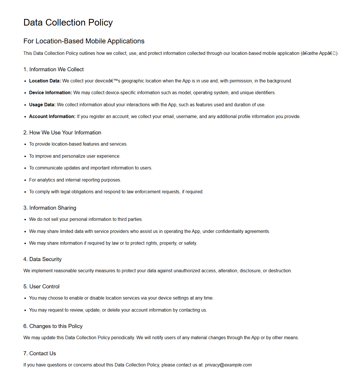 Data Collection Policy Sample for Location-Based Mobile Applications