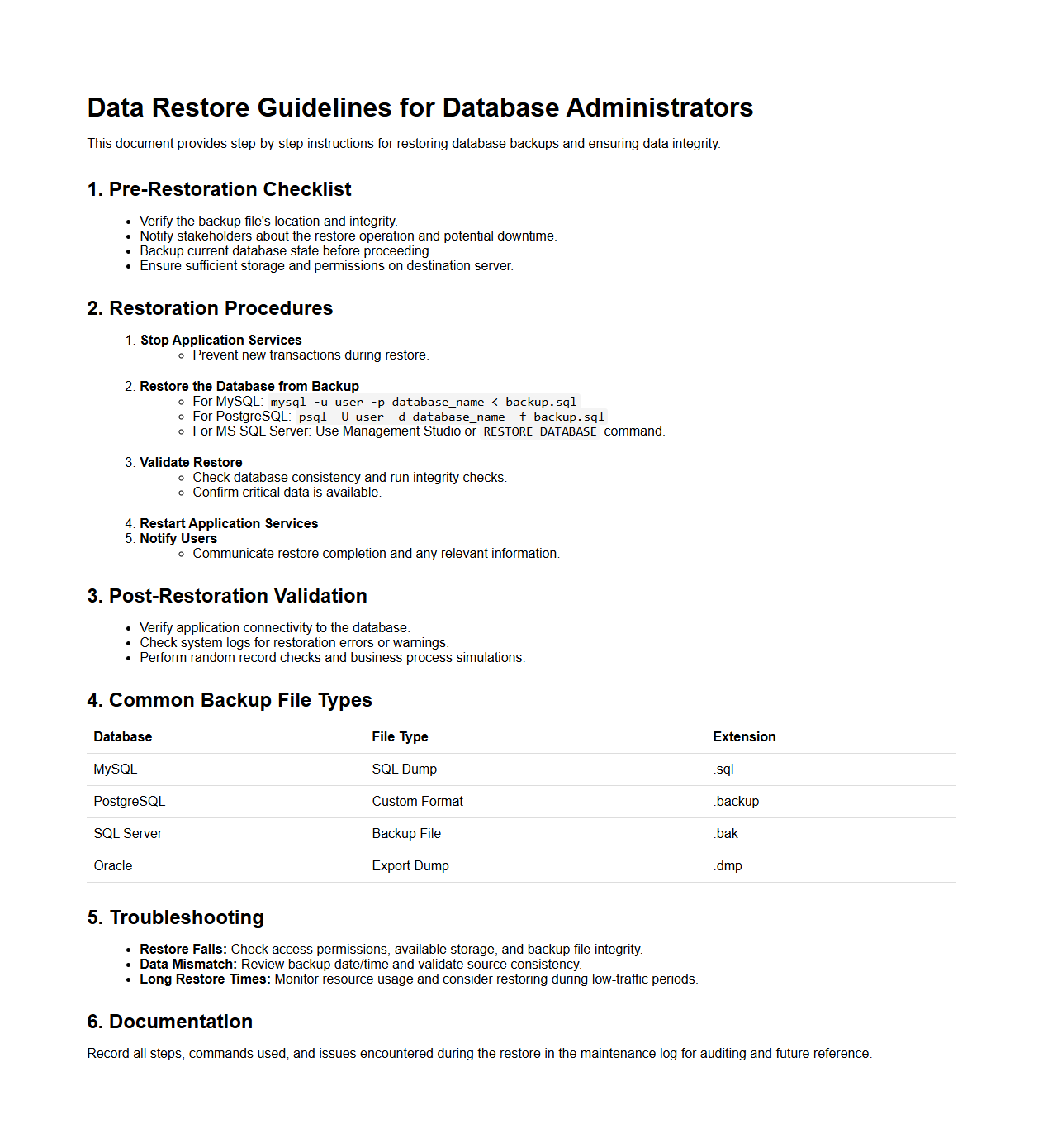 Data Restore Guidelines for Database Administrators