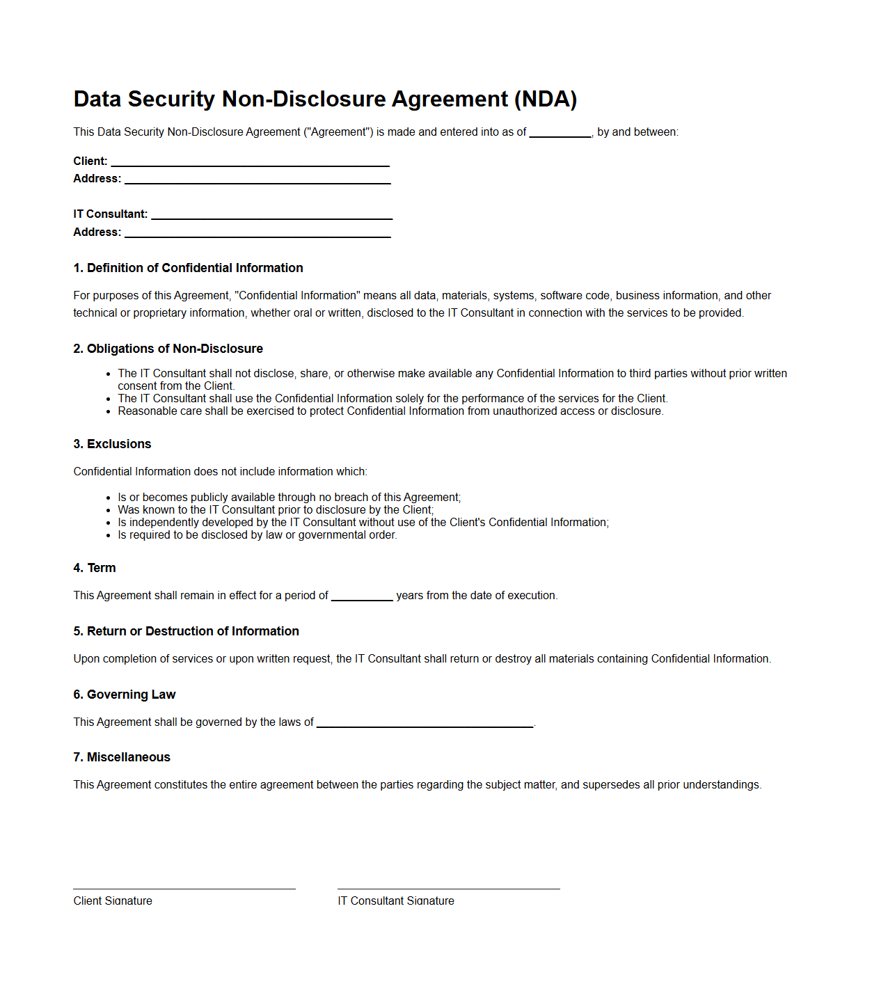 Data Security Non-Disclosure Agreement for IT Consultants