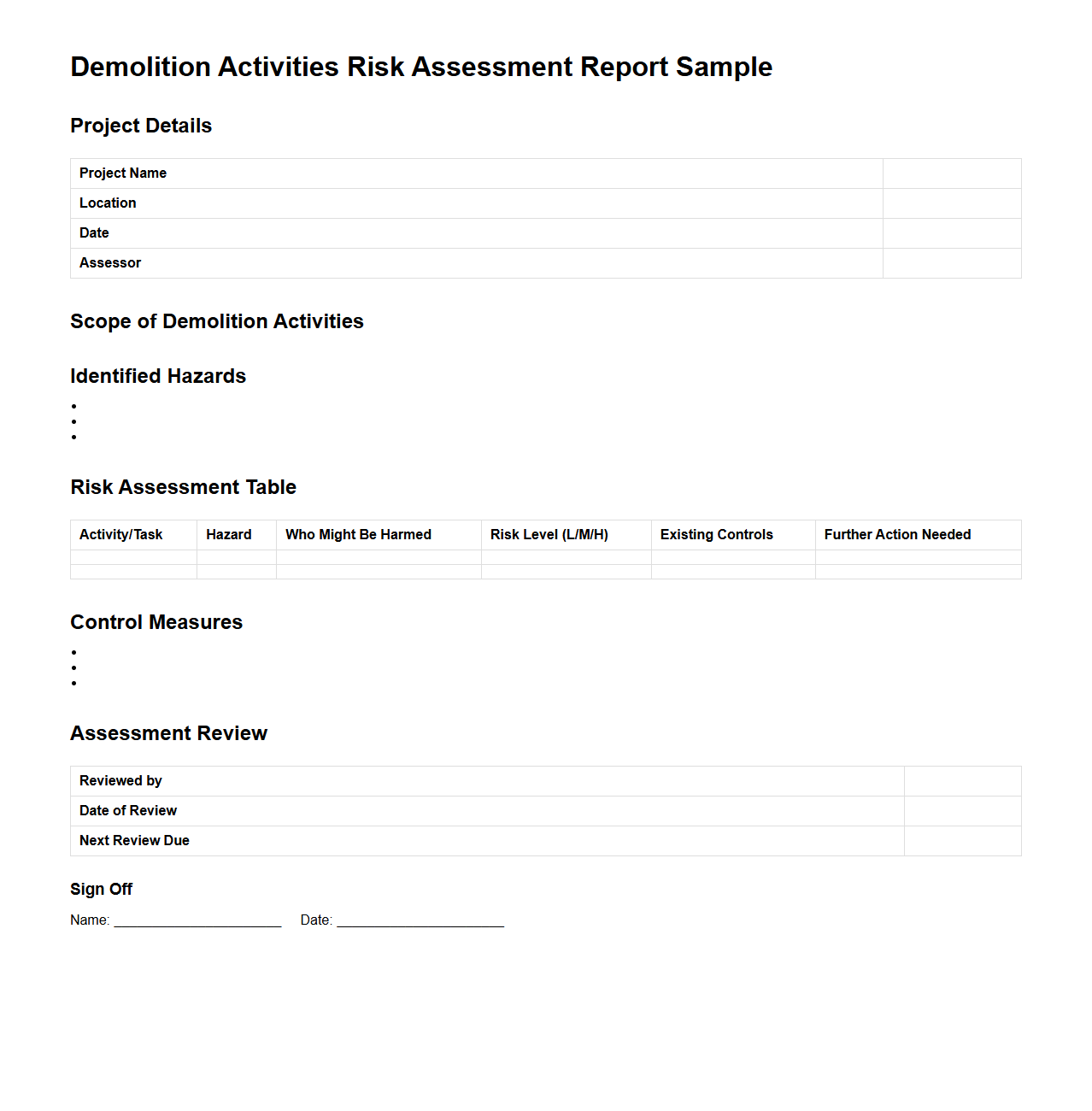 Demolition Activities Risk Assessment Report Sample