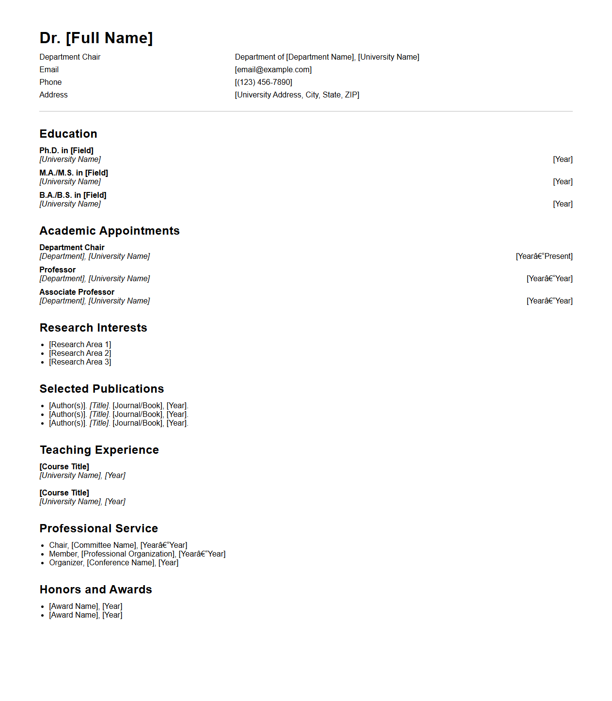 Department Chair Curriculum Vitae Model