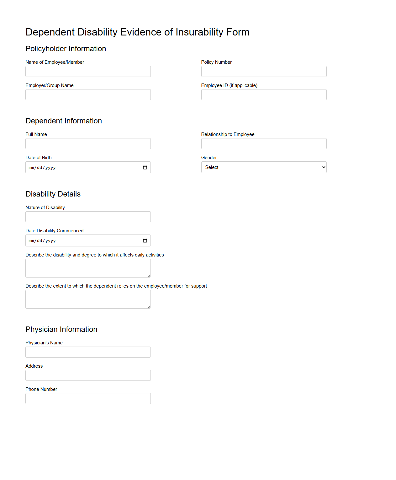 Dependent Disability Evidence of Insurability Form