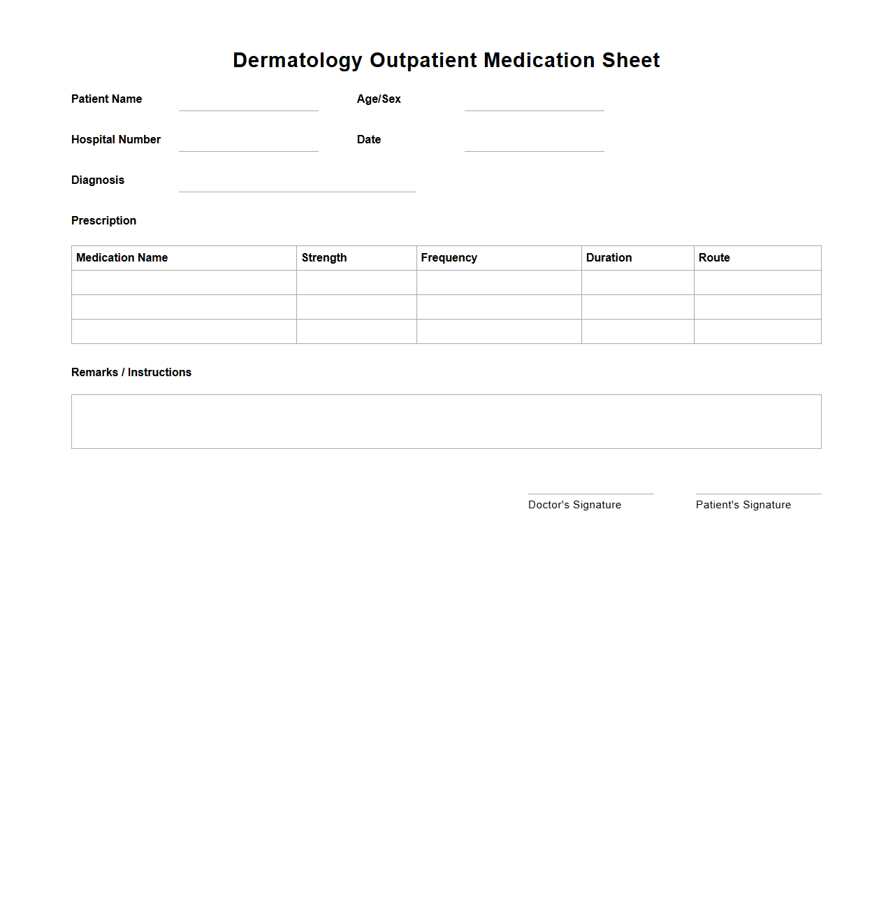 Dermatology Outpatient Medication Sheet