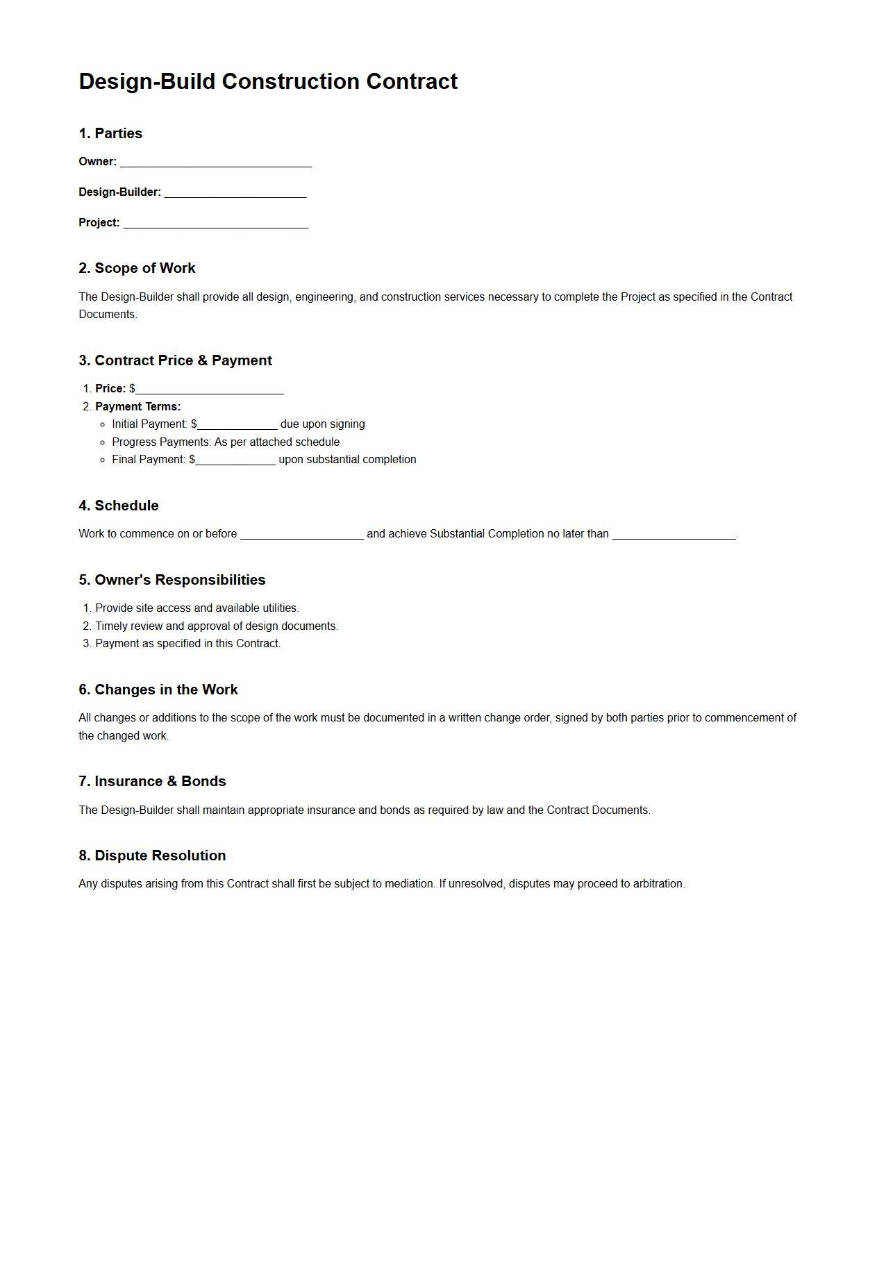 Design-Build Construction Contract Example