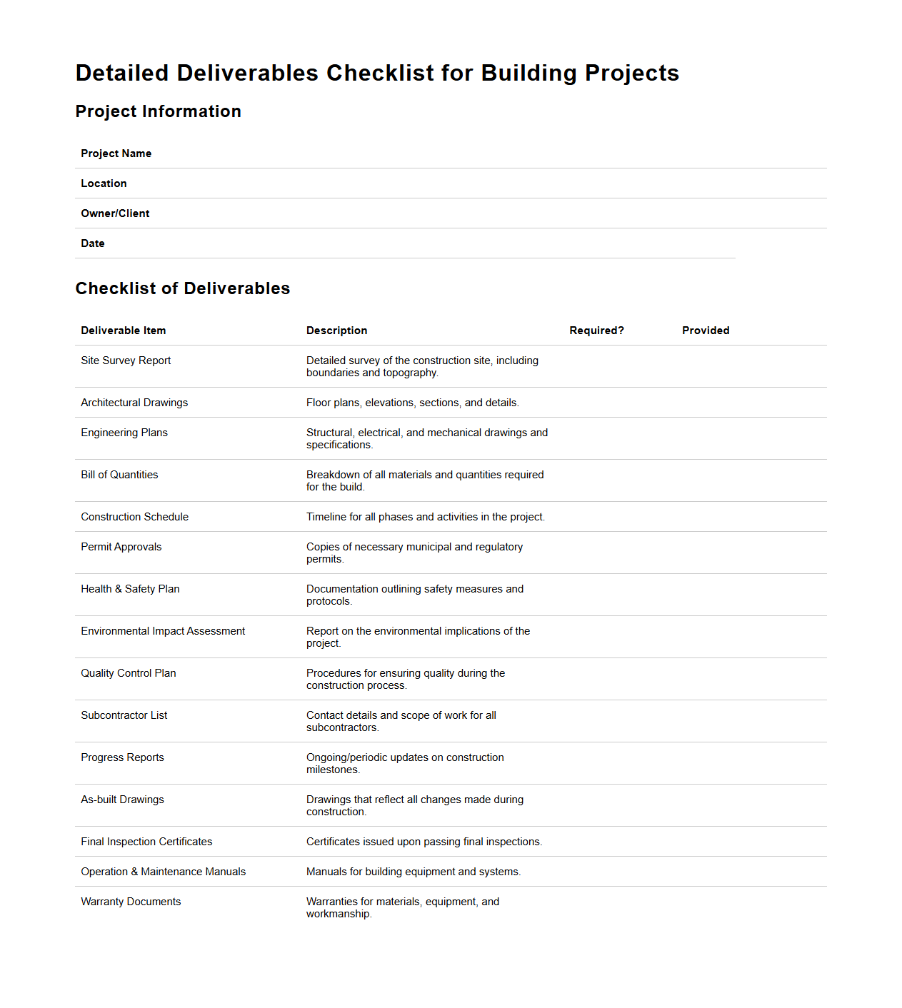 Detailed Deliverables Checklist for Building Projects