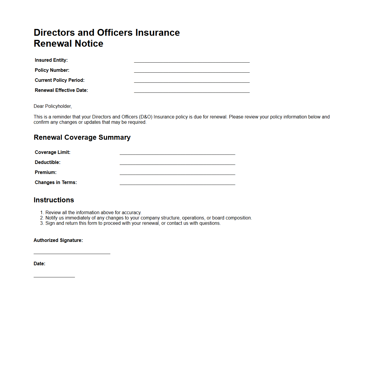 Directors and Officers Insurance Renewal Notice Template