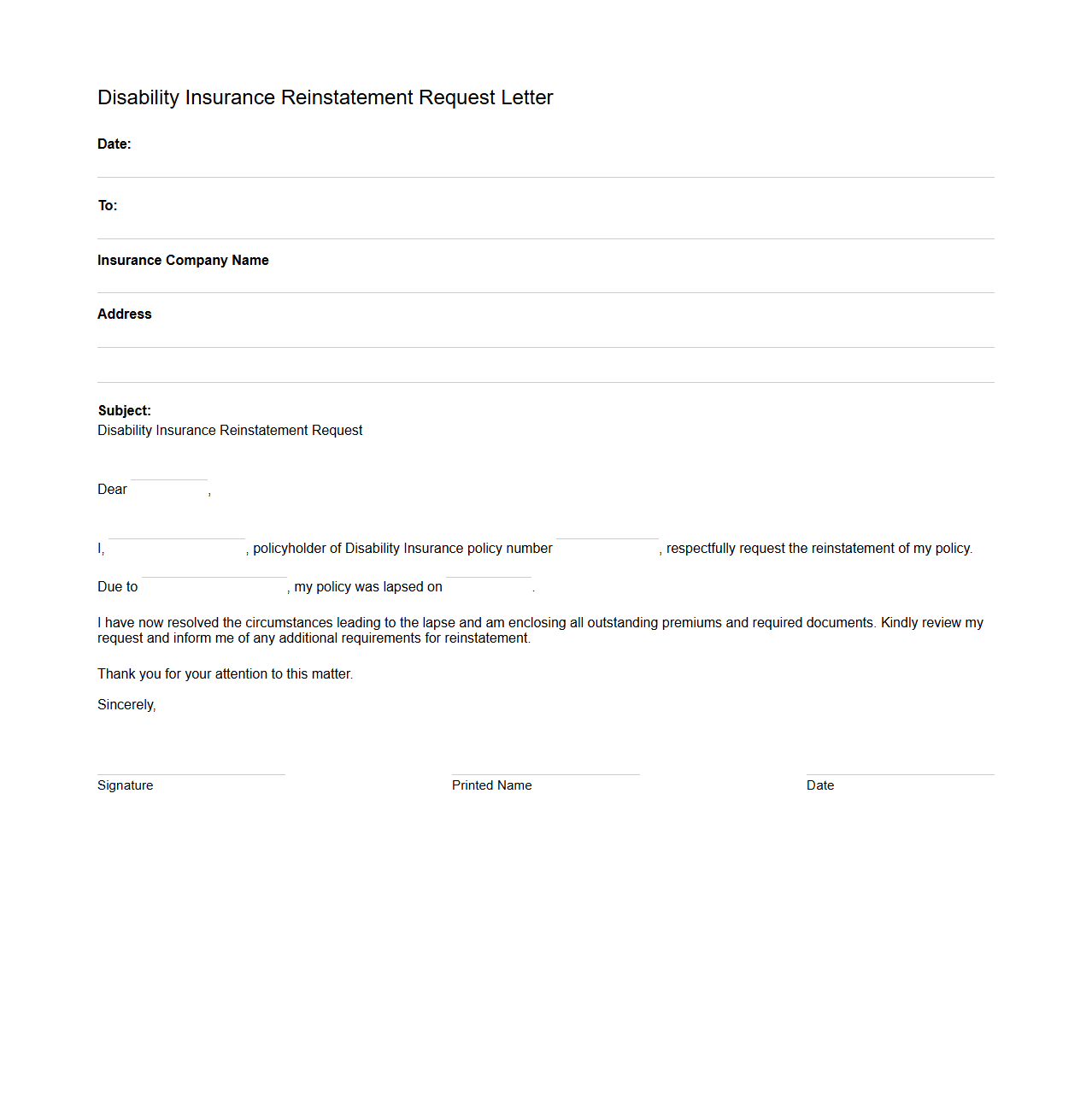 Disability Insurance Reinstatement Request Letter