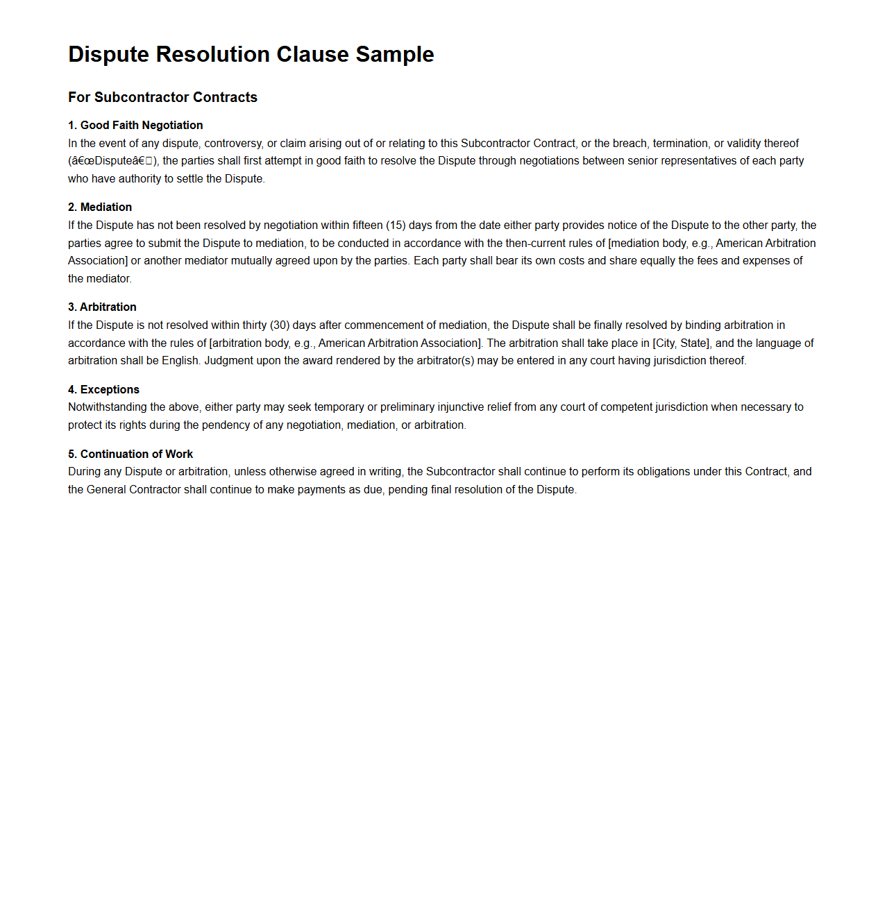 Dispute Resolution Clause Sample for Subcontractor Contracts