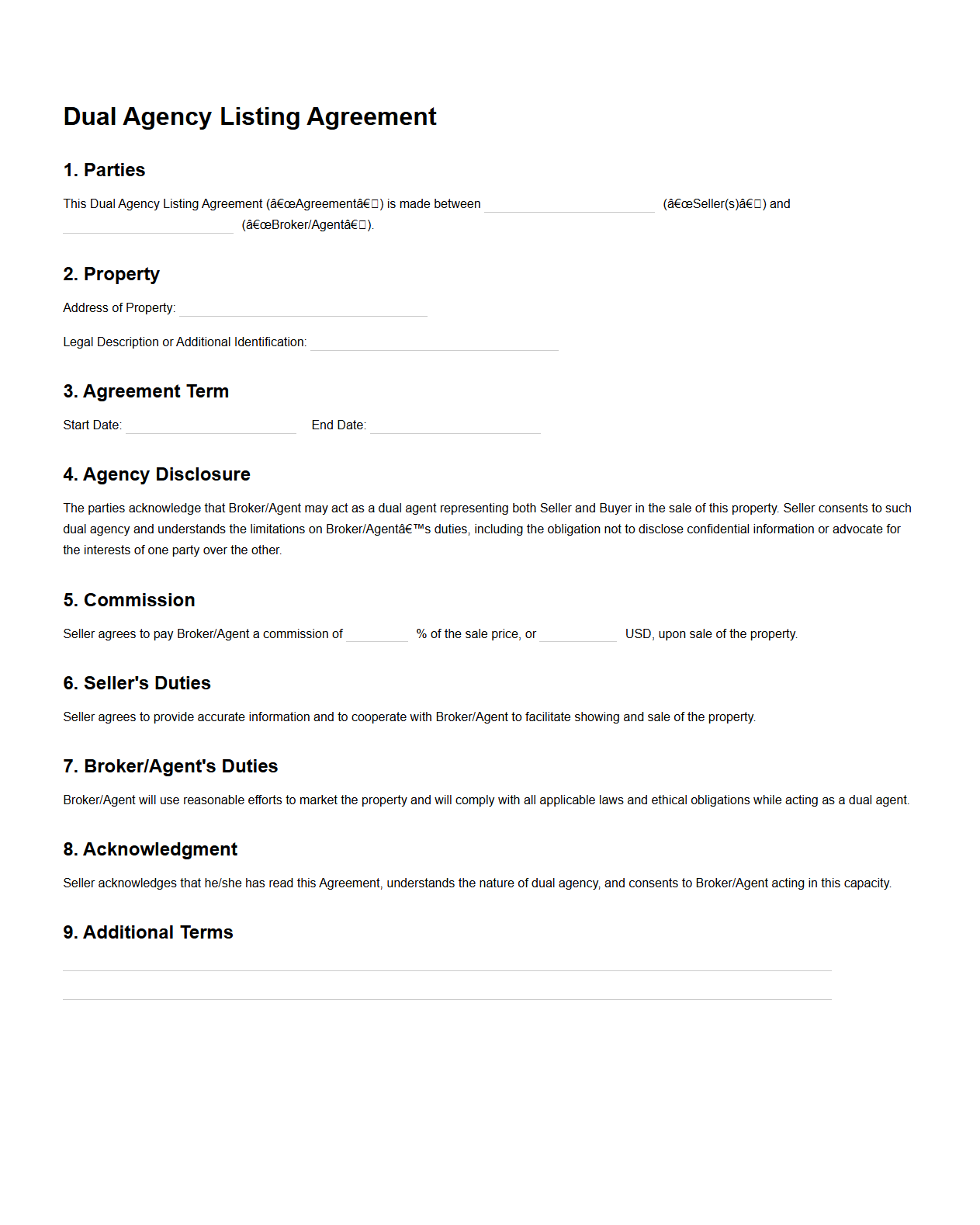 Dual Agency Listing Agreement Example