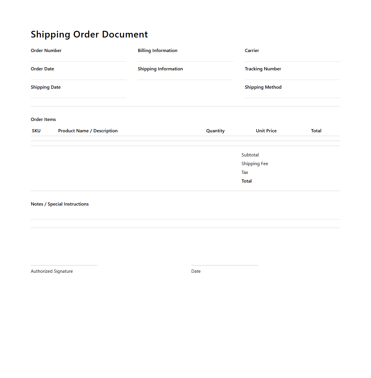 E-commerce Shipping Order Document for Online Retailers