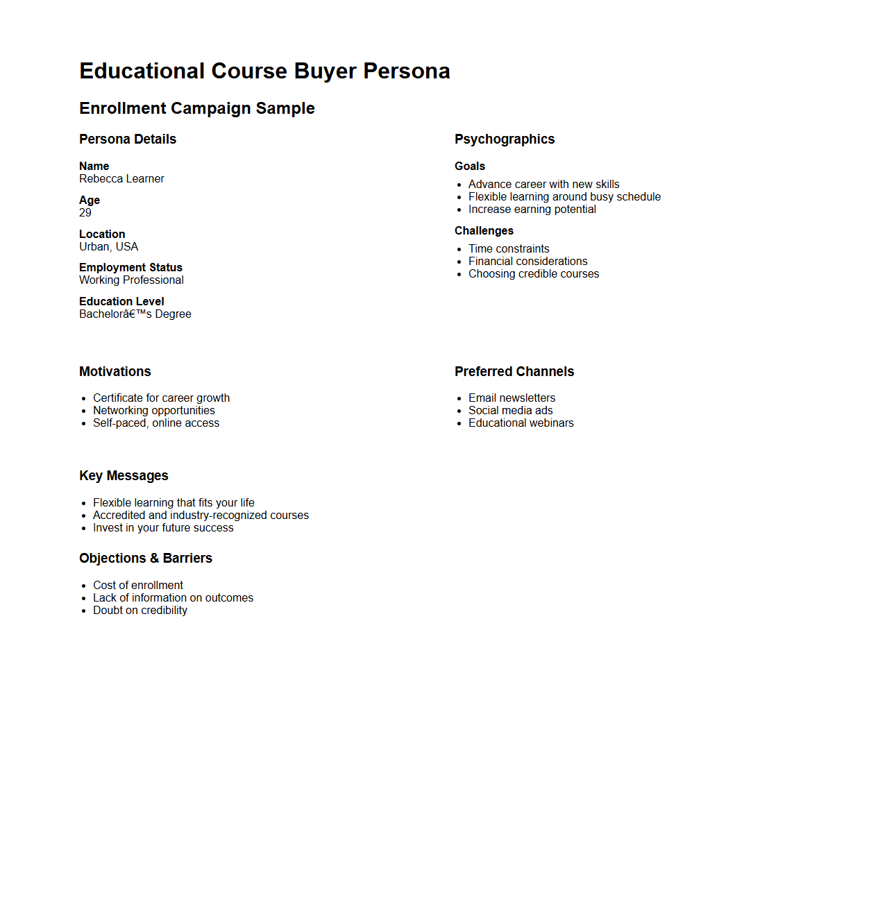 Educational Course Buyer Persona for Enrollment Campaigns