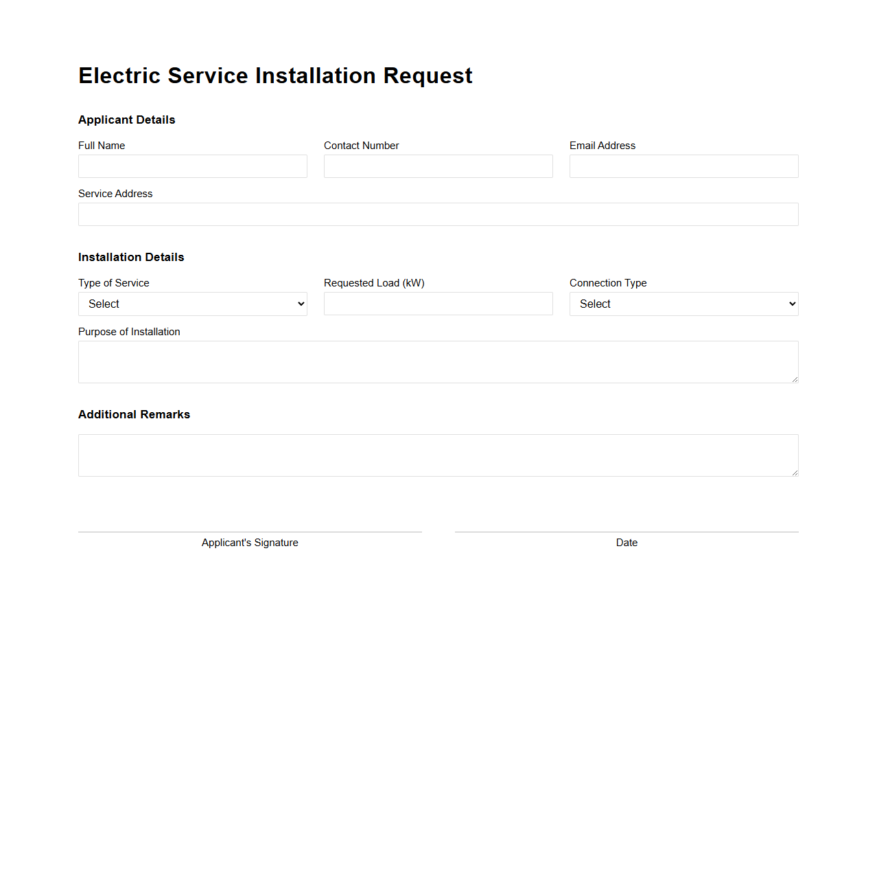 Electric Service Installation Request Sample
