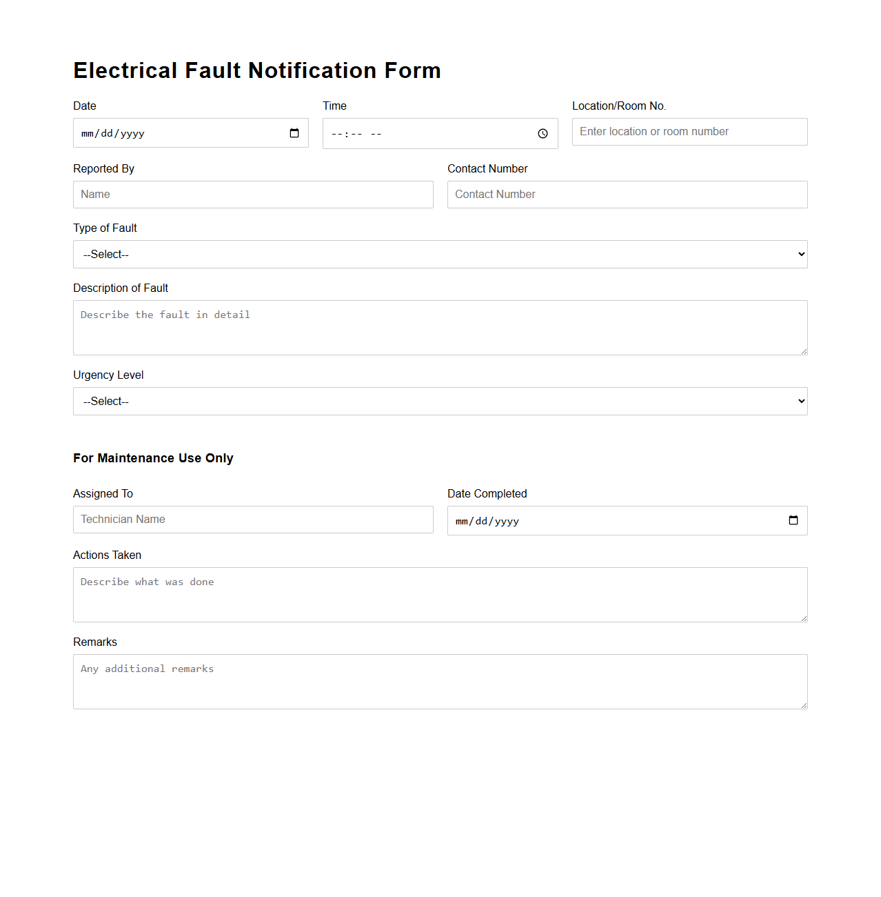 Electrical Fault Notification Form Example for Hotel Maintenance