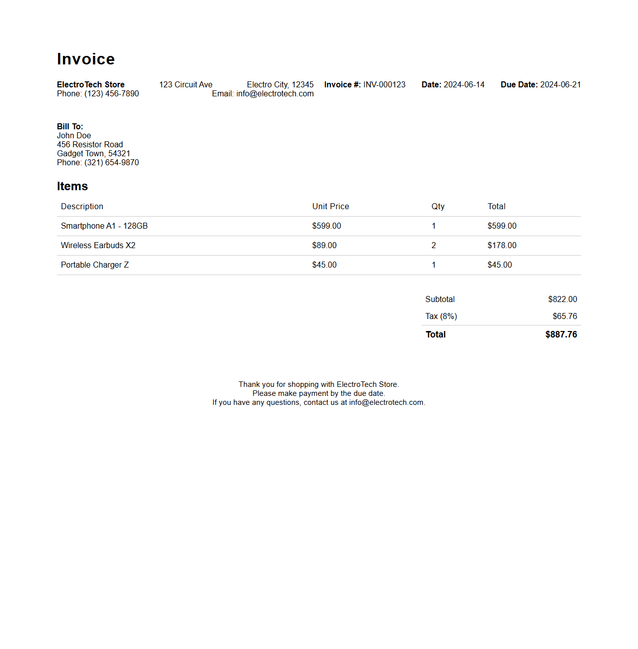 Electronics Retail Invoice Sample