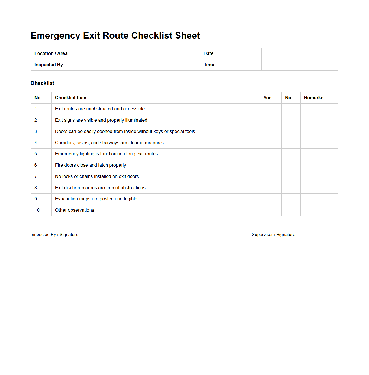 Emergency Exit Route Checklist Sheet