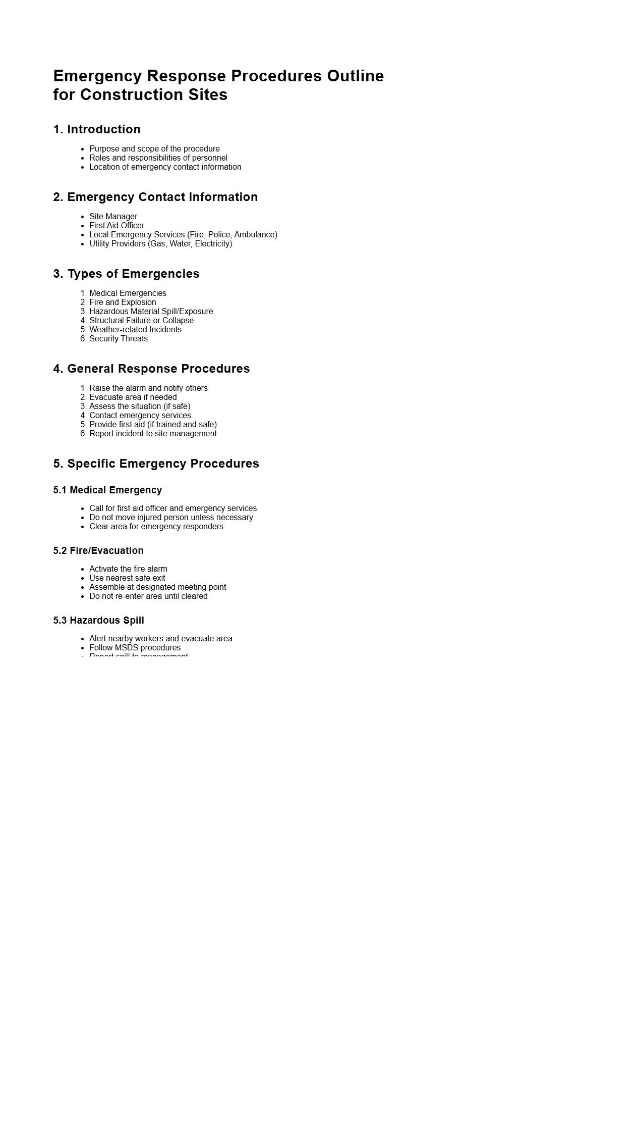 Emergency Response Procedures Outline for Construction Sites