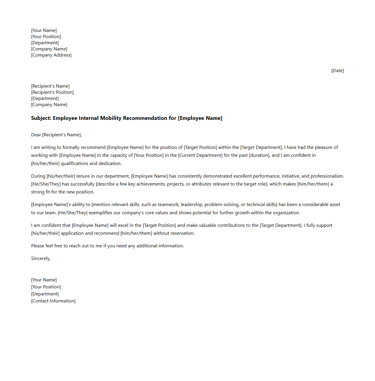 Employee Internal Mobility Recommendation Letter