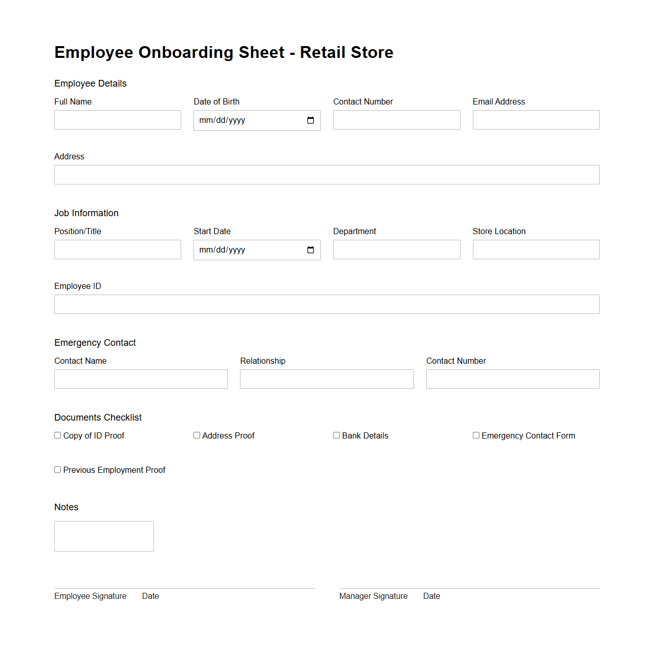 Employee Onboarding Sheet for Retail Stores