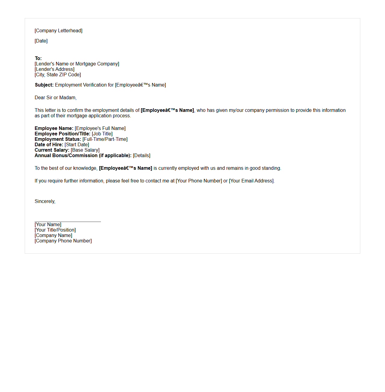 Employment Verification Letter Template for Mortgage Application