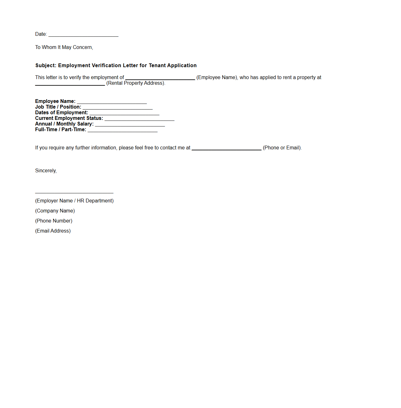 Employment Verification Letter for Tenant Applications
