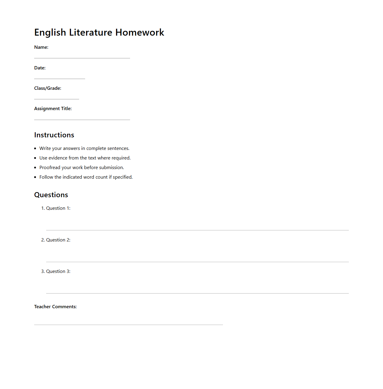 English Literature Homework Assignment Format