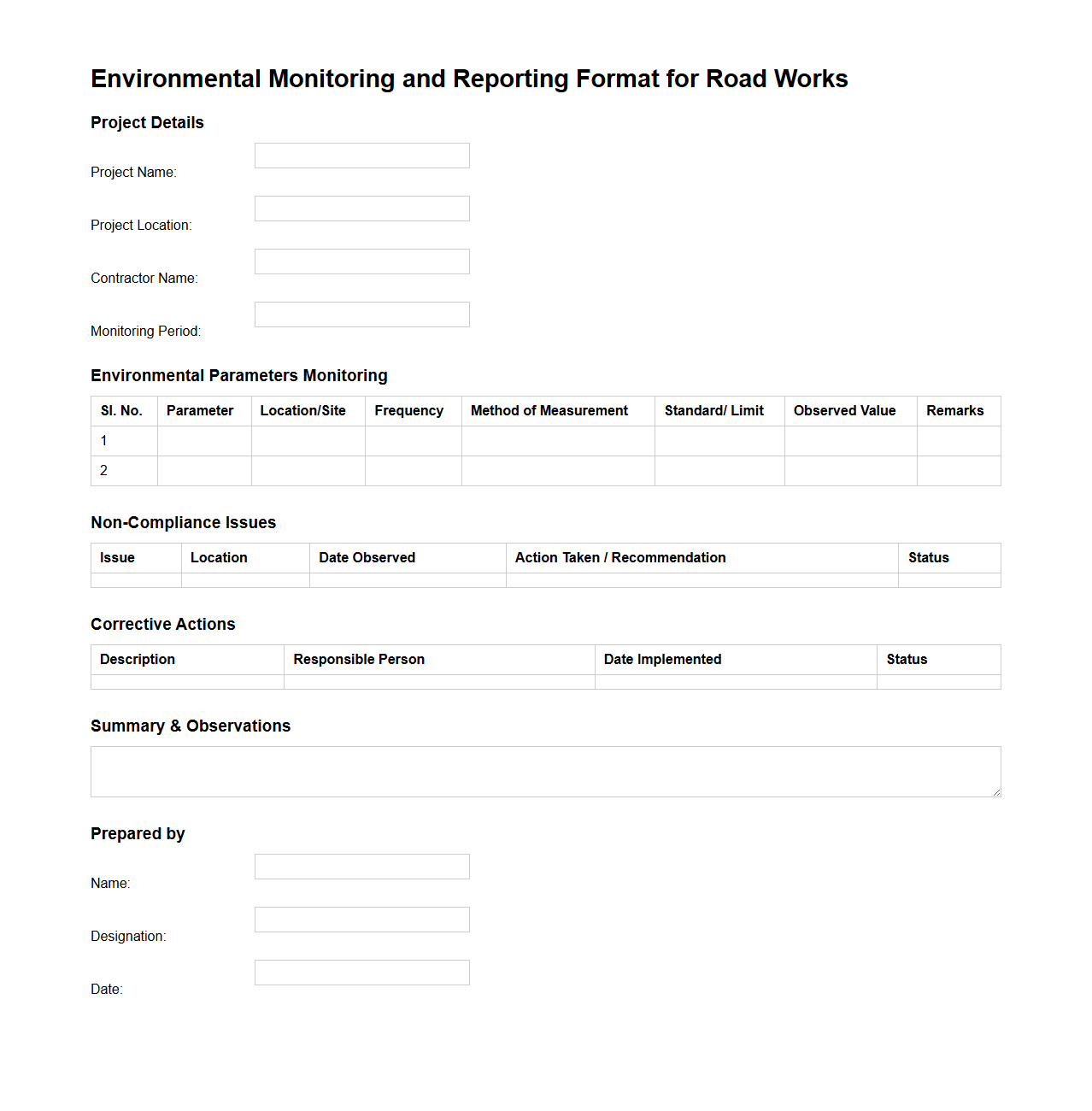 Environmental Monitoring and Reporting Format for Road Works
