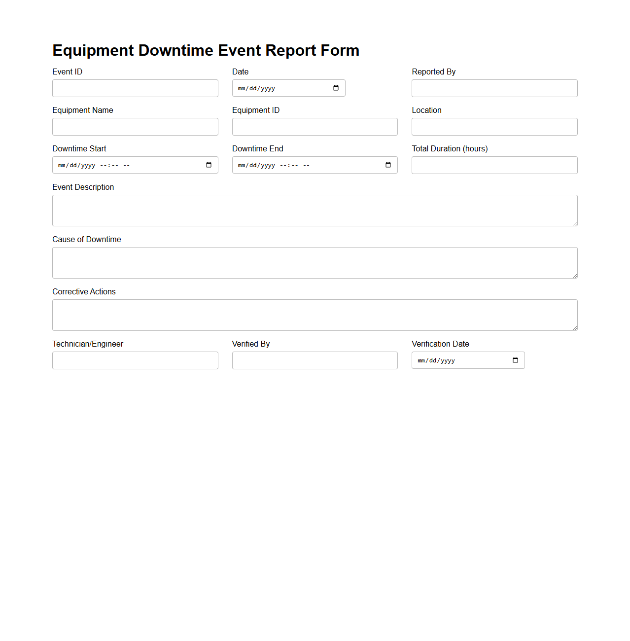 Equipment Downtime Event Report Form