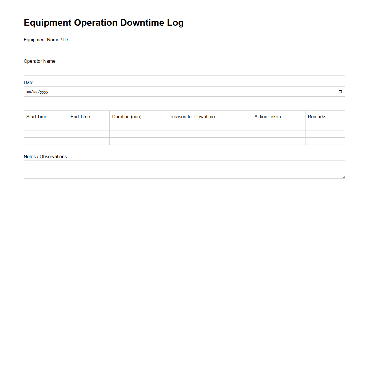 Equipment Operation Downtime Log Template