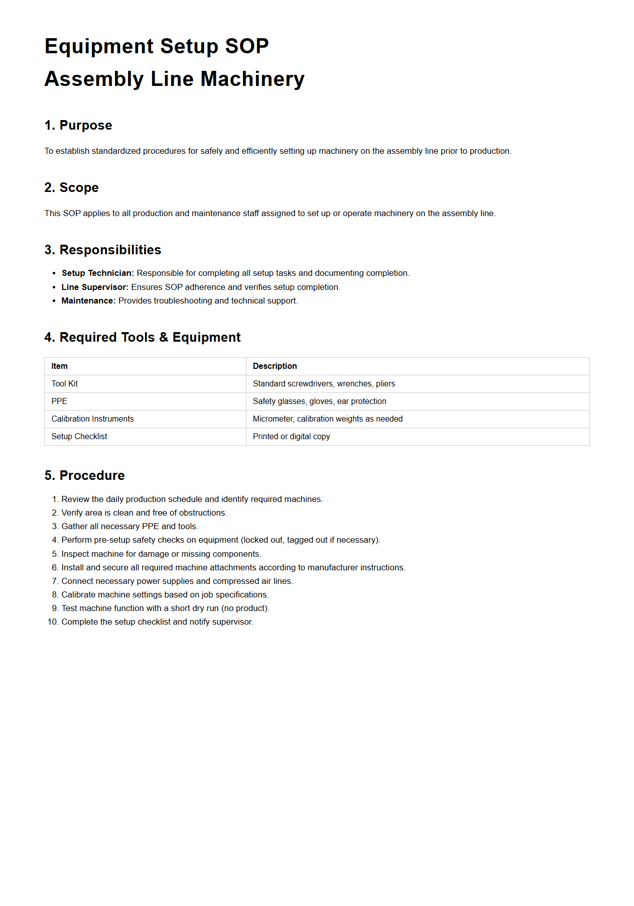 Equipment Setup SOP for Assembly Line Machinery