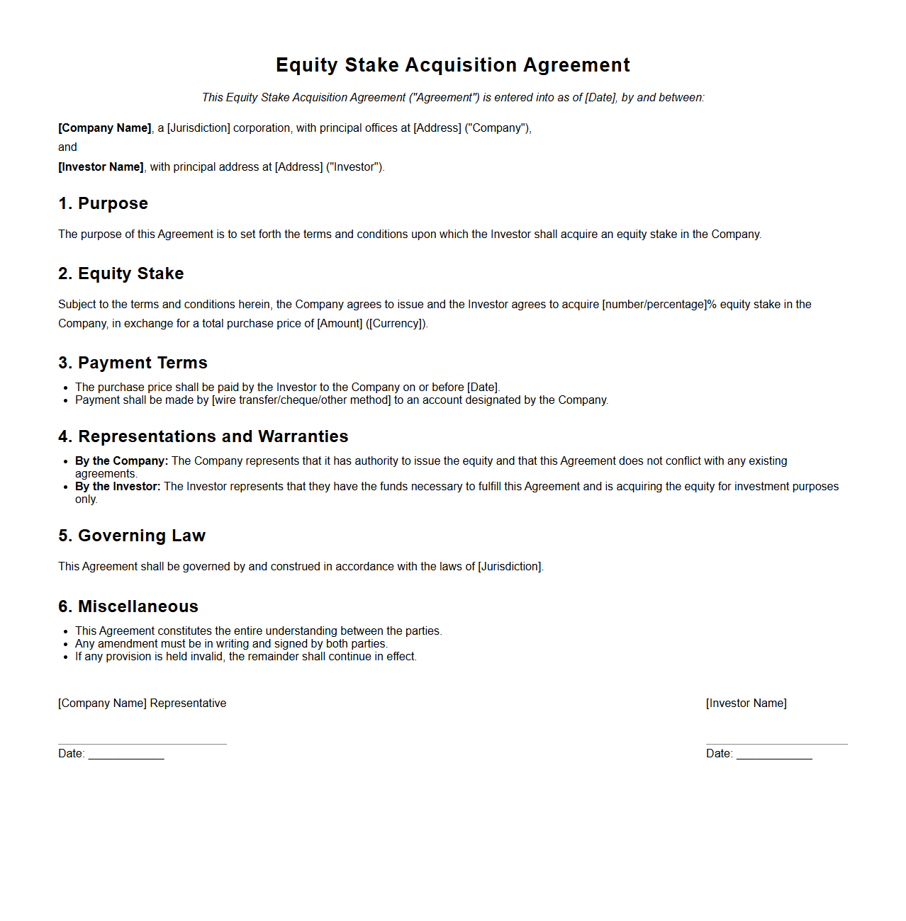 Equity Stake Acquisition Agreement Sample