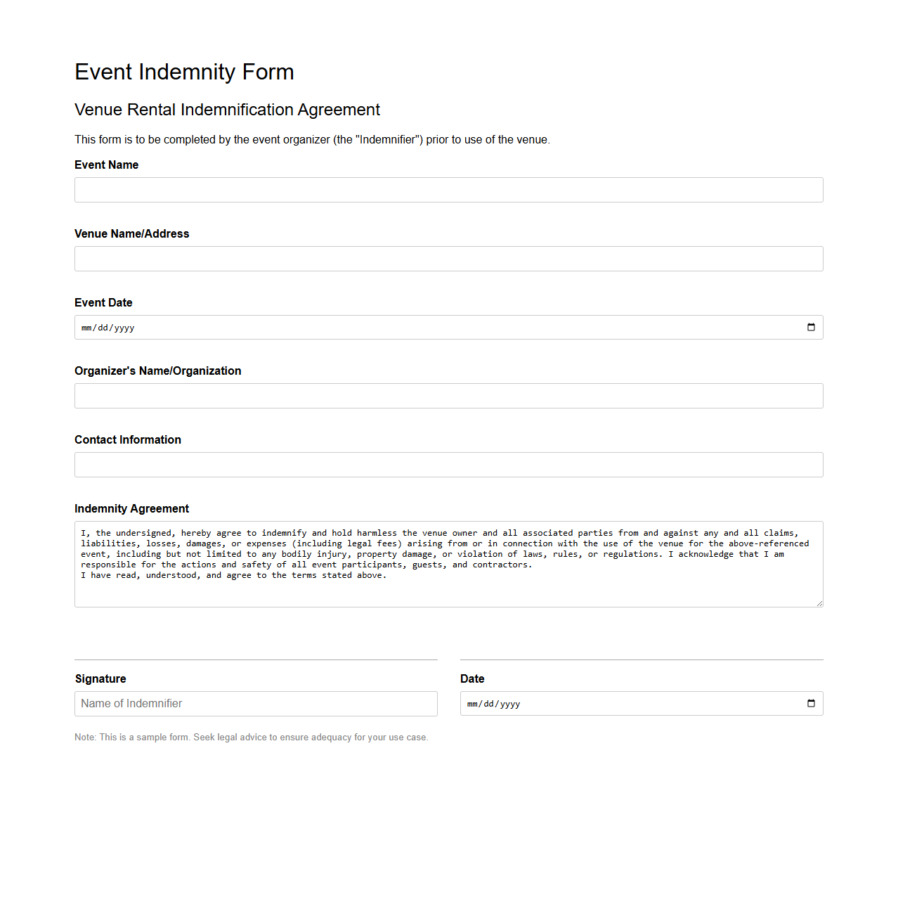 Event Indemnity Form Example for Venue Rentals