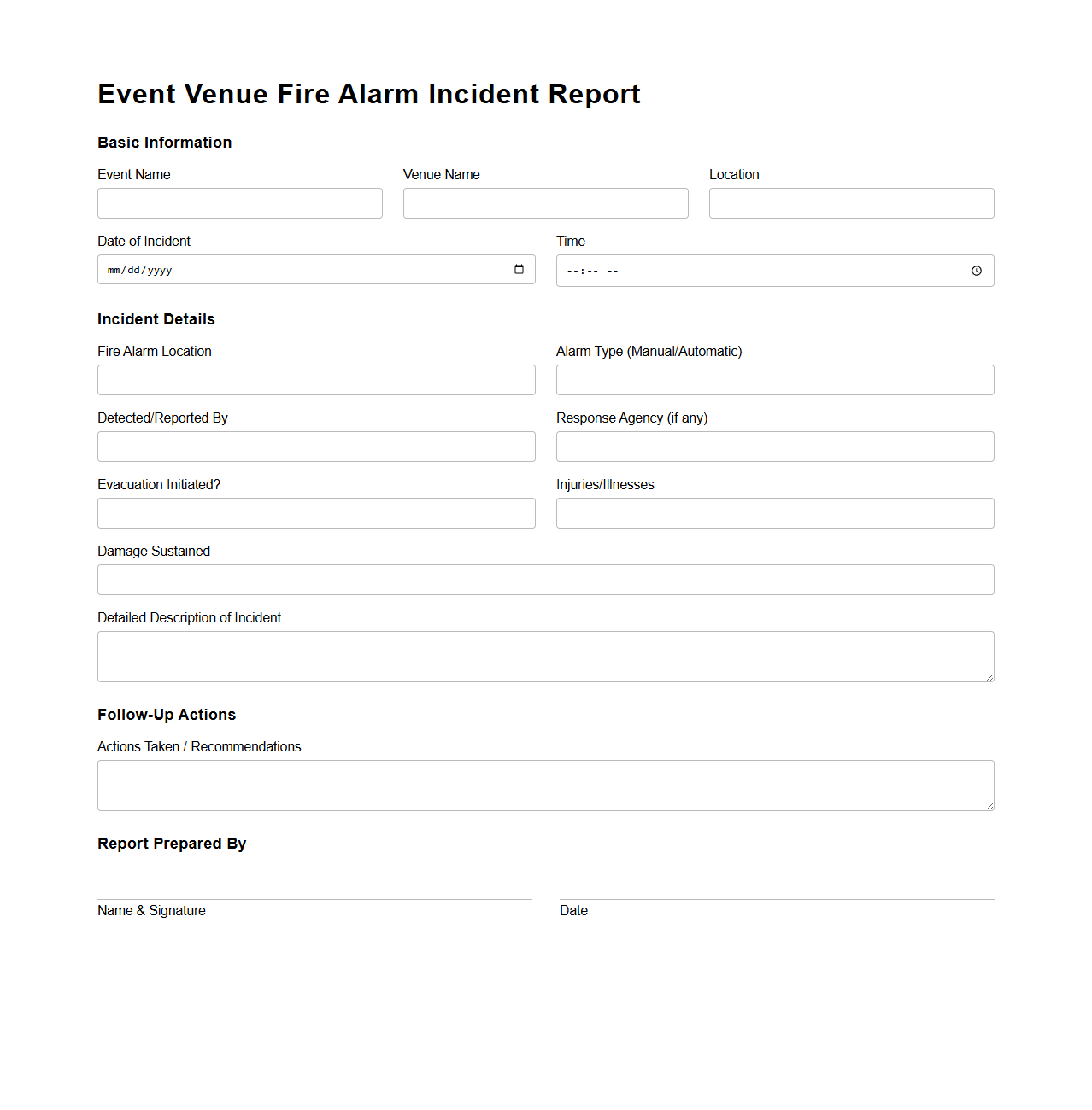 Event Venue Fire Alarm Incident Report Example