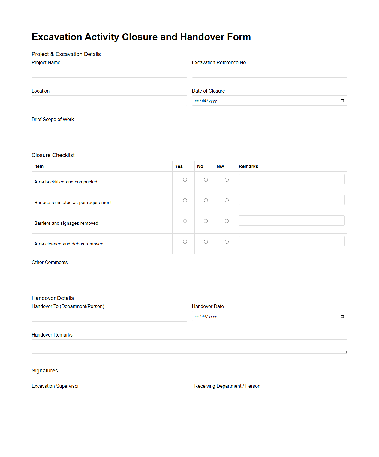 Excavation Activity Closure and Handover Form