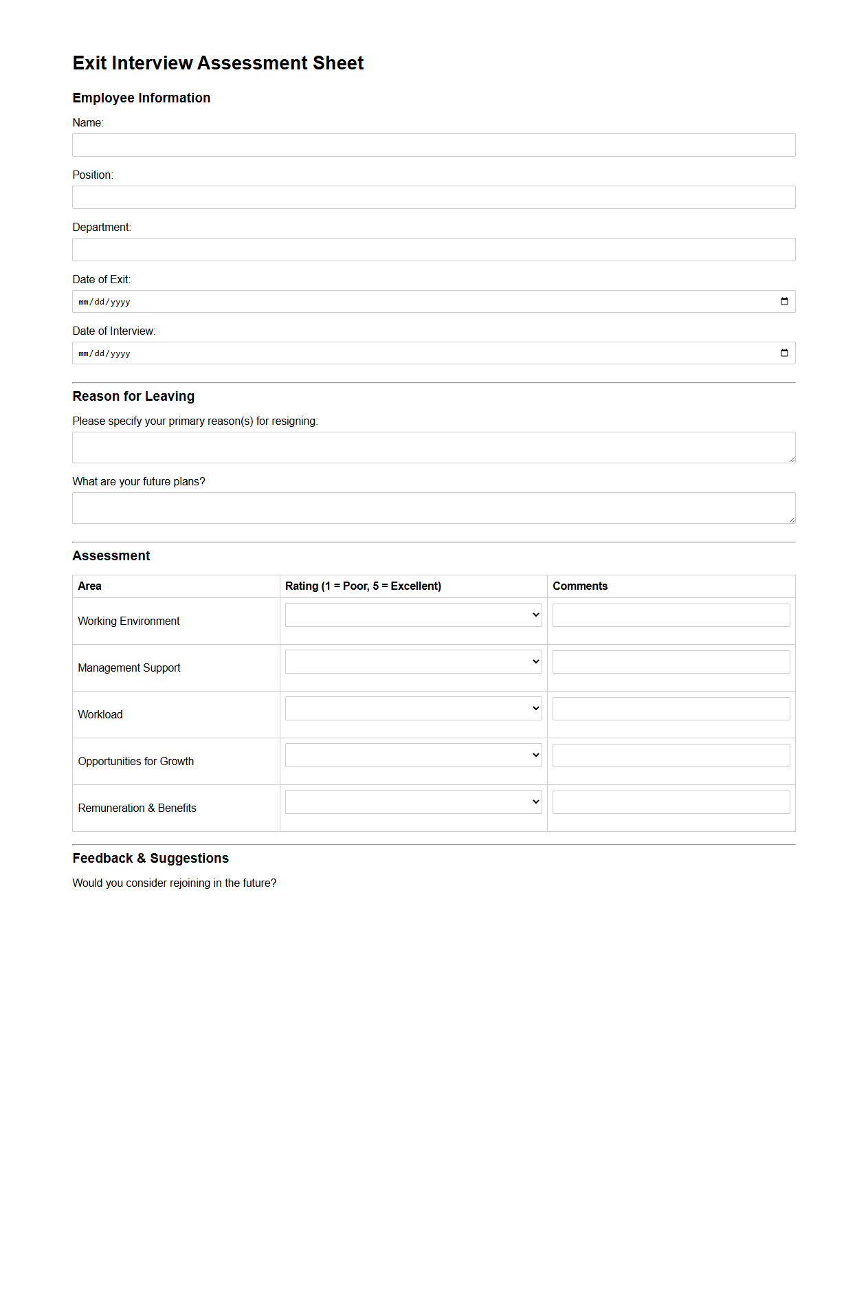 Exit Interview Assessment Sheet for Departing Staff