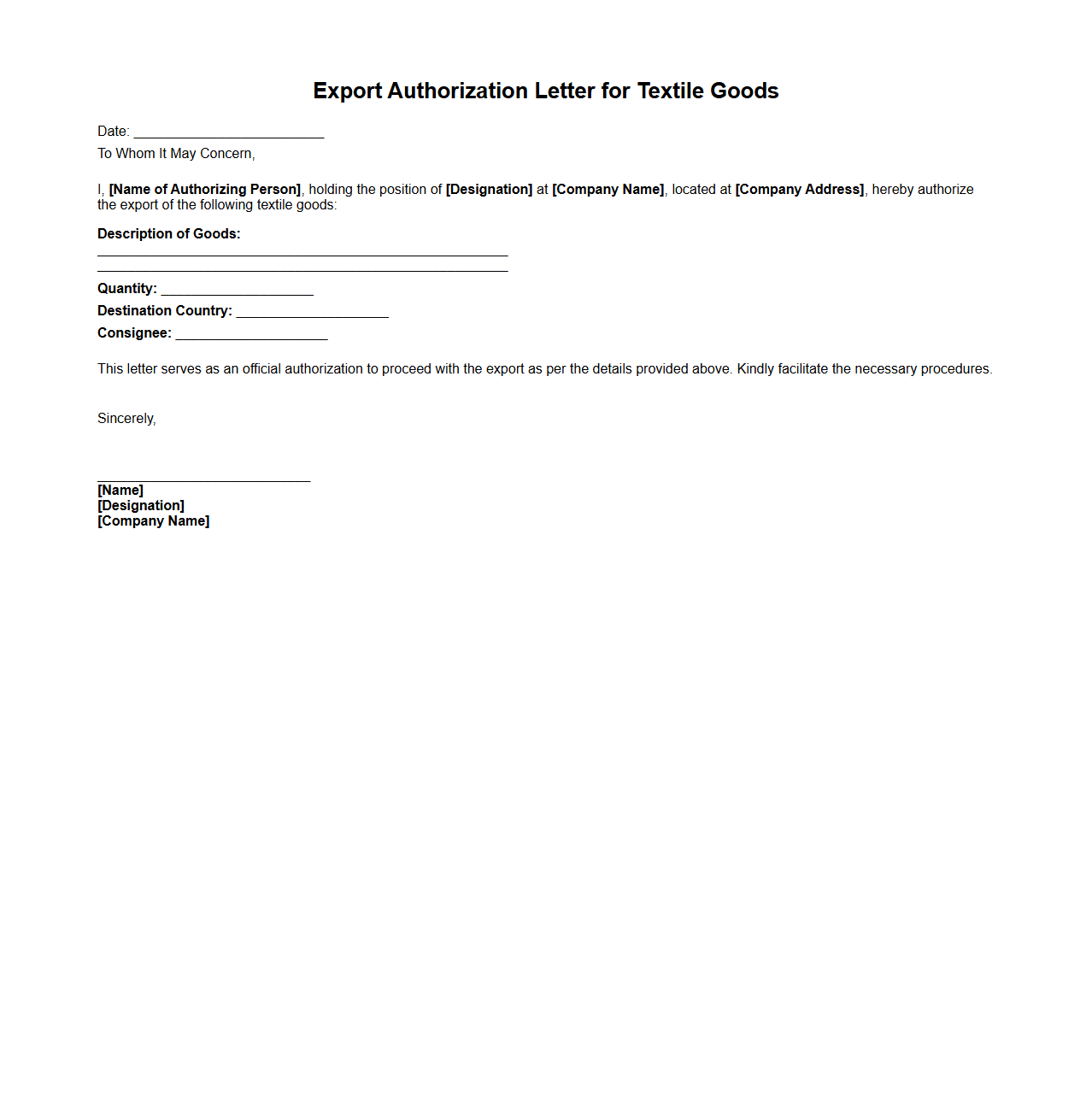 Export Authorization Letter for Textile Goods
