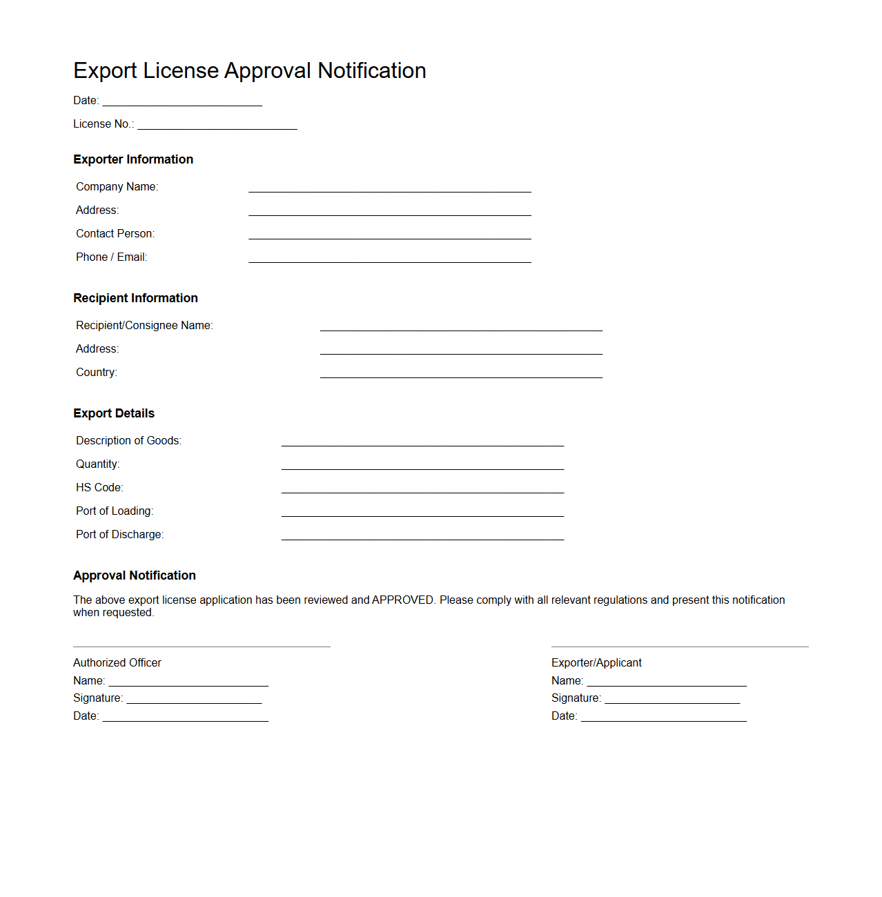 Export License Approval Notification Document Example
